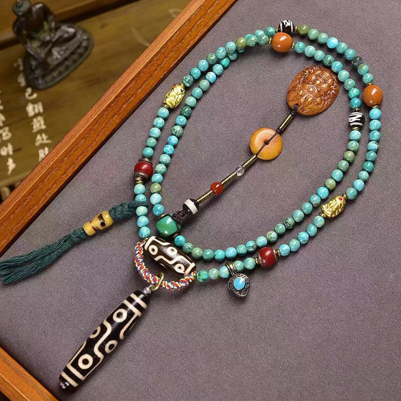 Nine-Eye Dzi Pendant Necklace – Natural Agate Tibetan Prayer Beads with Wealth Dzi, Bone & Turquoise