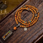 108 Natural Aged Rudraksha Mala Beads – Agate Three-Eye Dzi Pendant for Meditation & Prayer