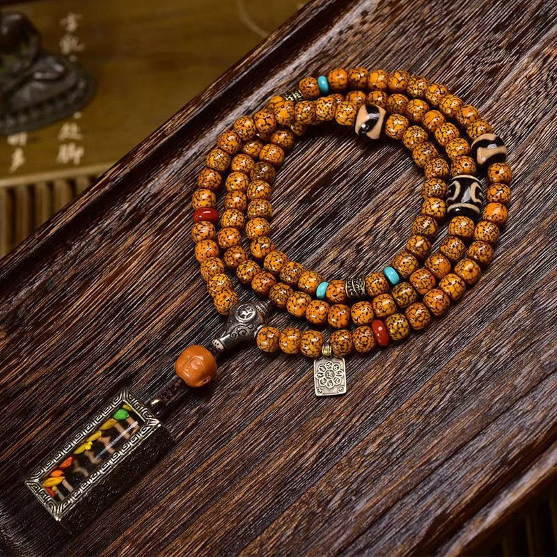 108 Natural Aged Rudraksha Mala Beads – Agate Three-Eye Dzi Pendant for Meditation & Prayer