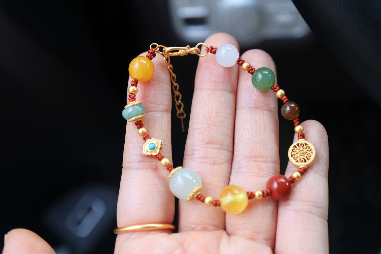 Hetian Jade Multi-Gemstone Bracelet | Perfect Ten Woven Design with Amber, Agate & 925 Gold-Plated Charms