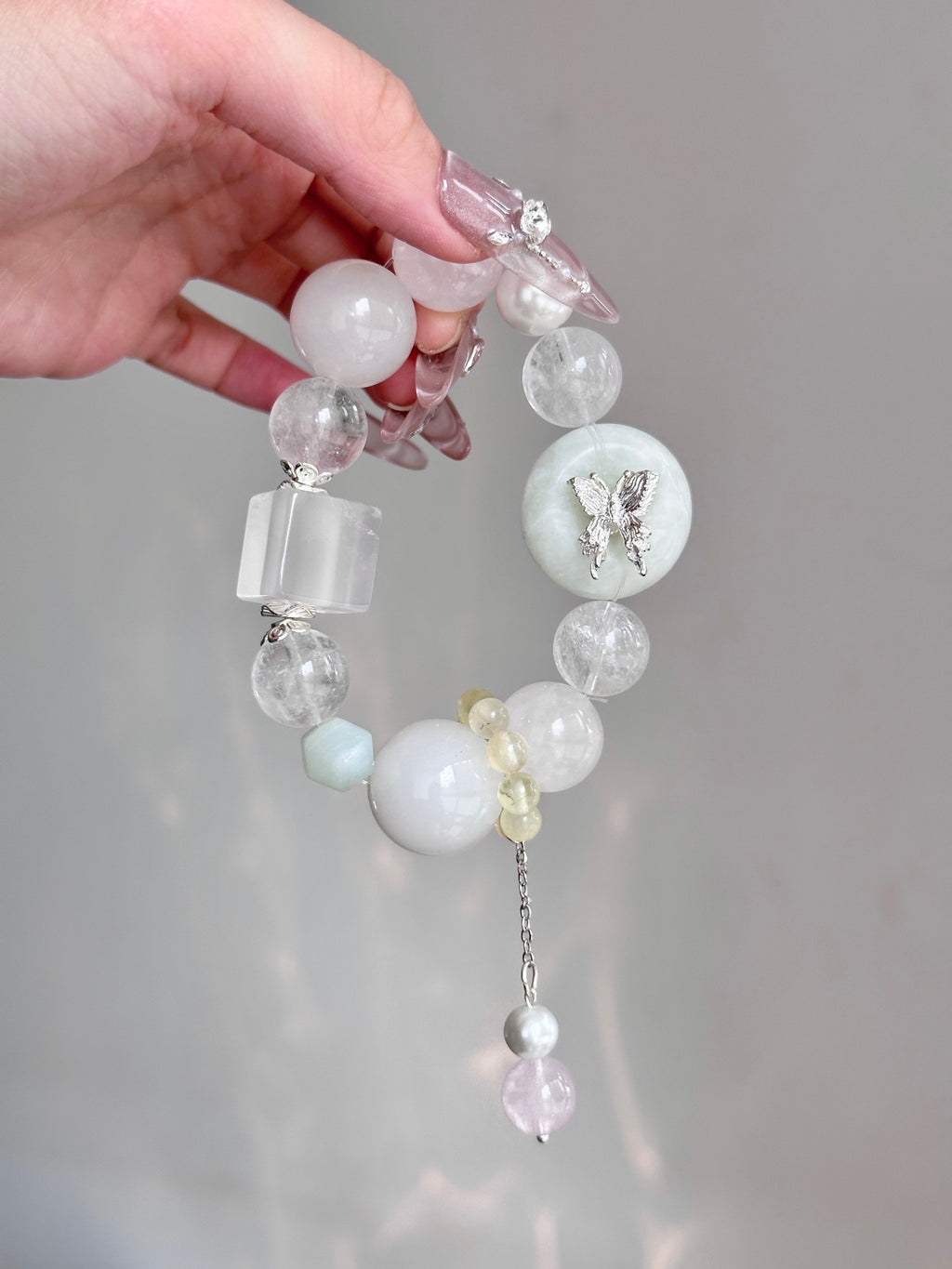 Snow Butterfly – White Crystal, White Phantom & Tianshan Jade Crystal Bracelet