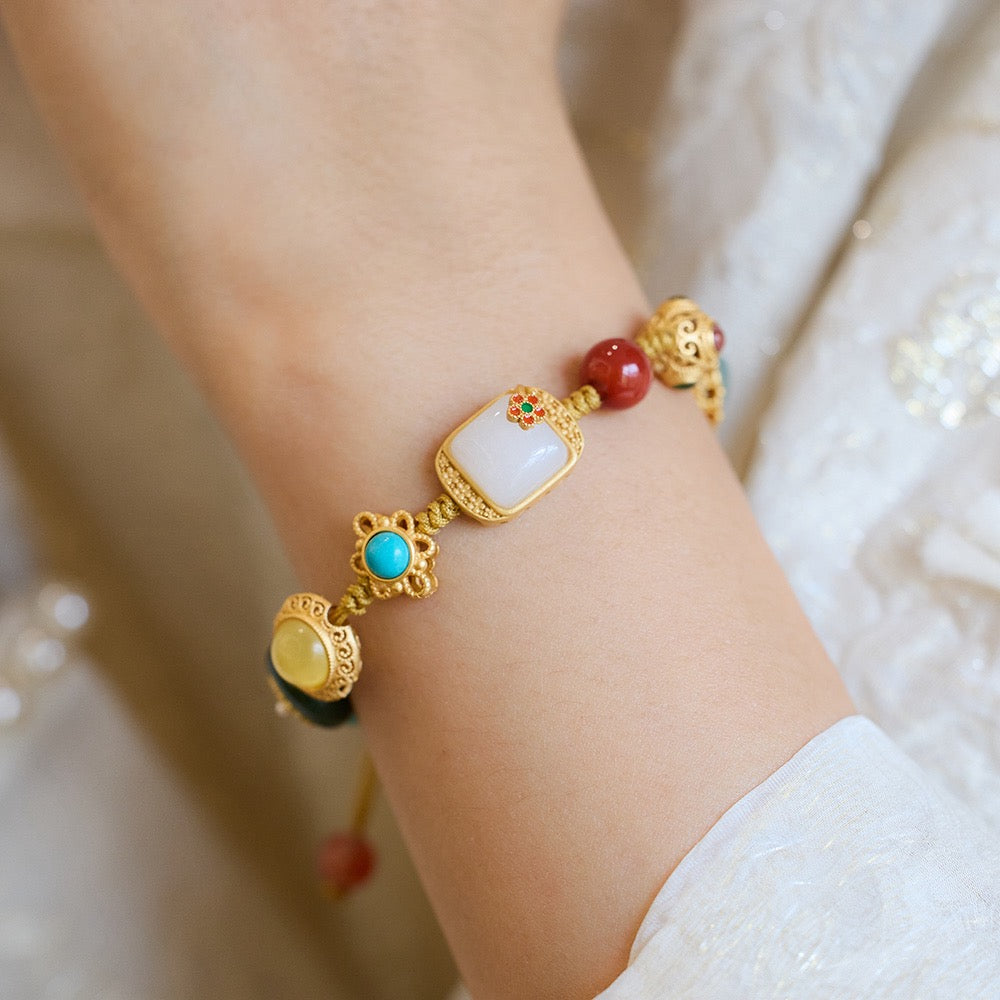 Multi-Gemstone Woven Bracelet | White Jade Flower Edition | Tourmaline, Aquamarine, Garnet & Amber with 925 Silver Charms