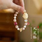 Pink Porcelain Nine-Tailed Pendant & Heart Sutra Bracelet