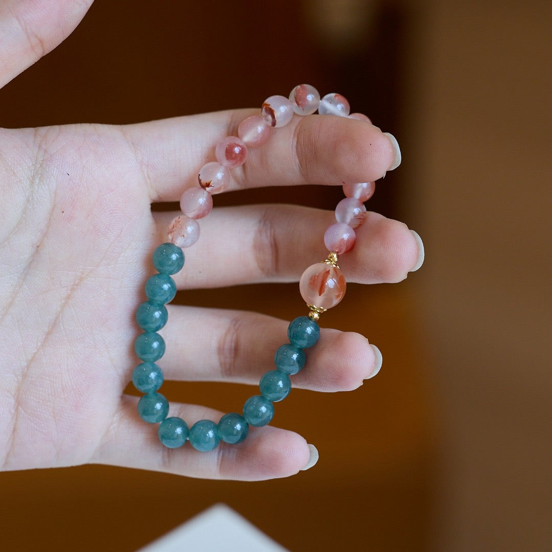 7mm Ice-Floating South Red Agate + Blue Water Jadeite Bracelet