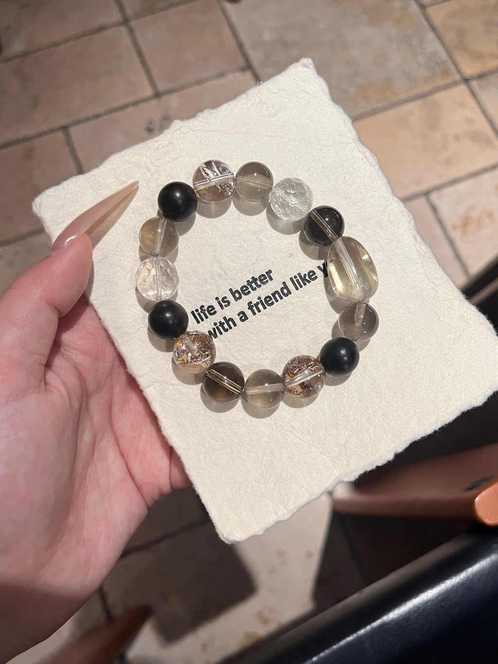 Smoky Quartz, Agarwood, Clear Quartz & Gold-Foil Resin Flower Crystal Bracelet | 12–13mm