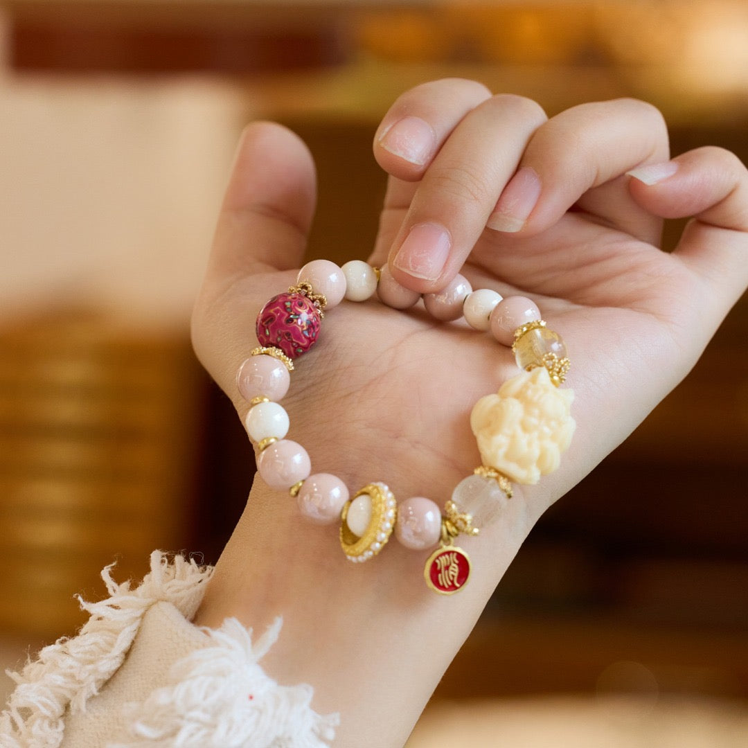 Pink Porcelain Nine-Tailed Pendant & Heart Sutra Bracelet