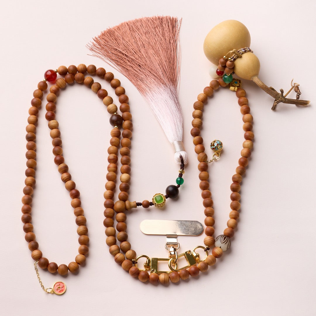 Sandalwood Phone Chain with Gourd, Lotus & Tassel | Lucky Fu Lu Shou Design (8mm Beads)