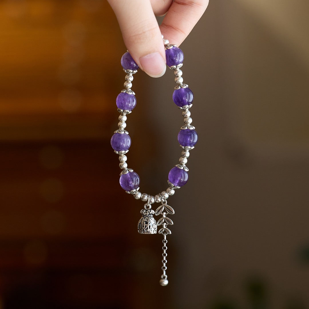 10mm Amethyst Silver-Tone Lucky Bag Bracelet | Leaf & Bell Charm