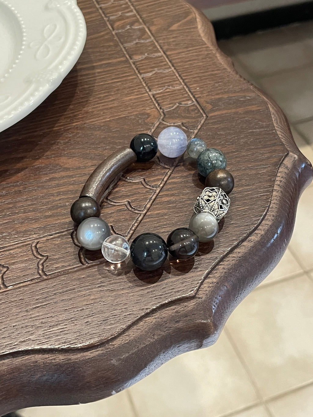 Moonlit Woods Crystal Bracelet | Sandalwood, Moonstone, Black Rutilated Quartz, Obsidian, Fluorite & Clear Quartz | 8–14mm