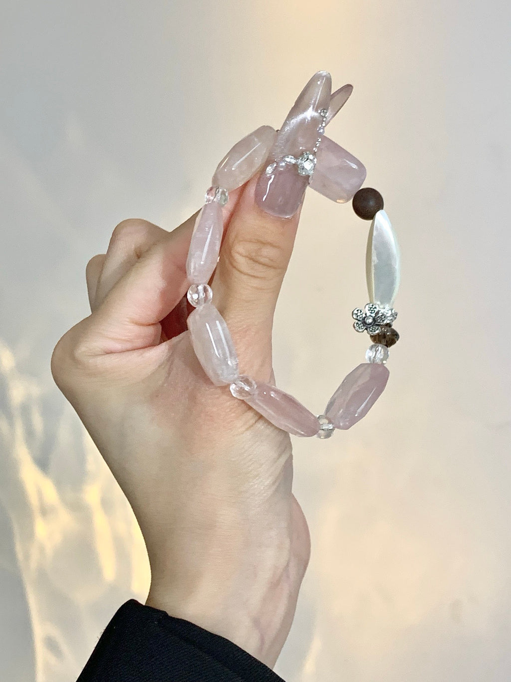 Pink Mailbox – Rose Quartz, Smoky Quartz & Agarwood Crystal Bracelet