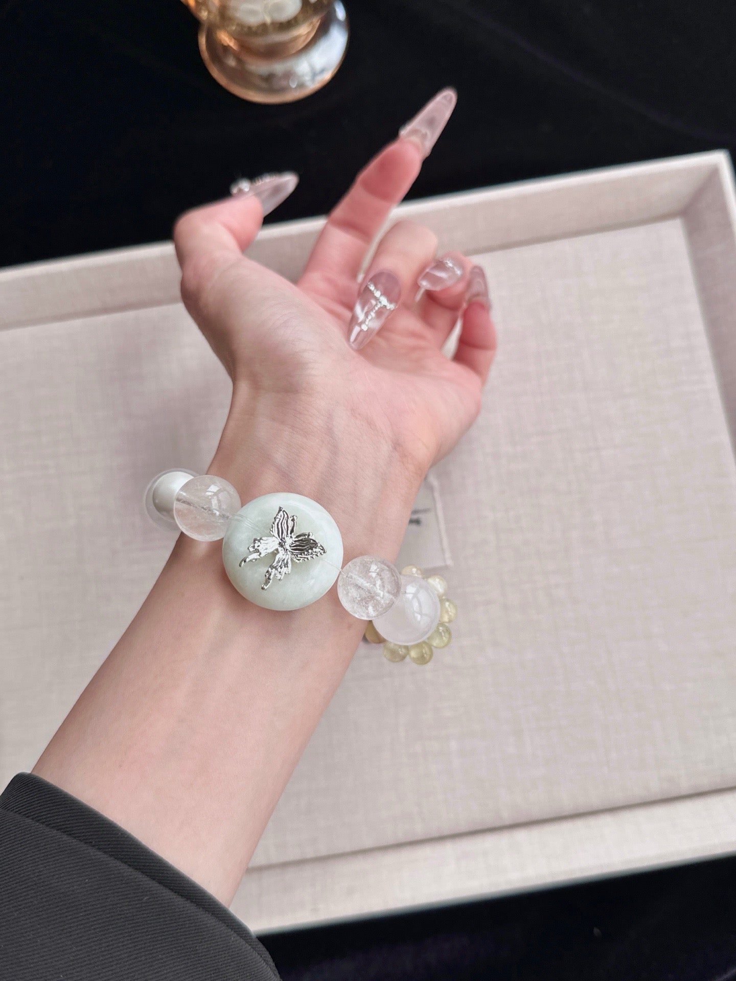 Snow Butterfly – White Crystal, White Phantom & Tianshan Jade Crystal Bracelet