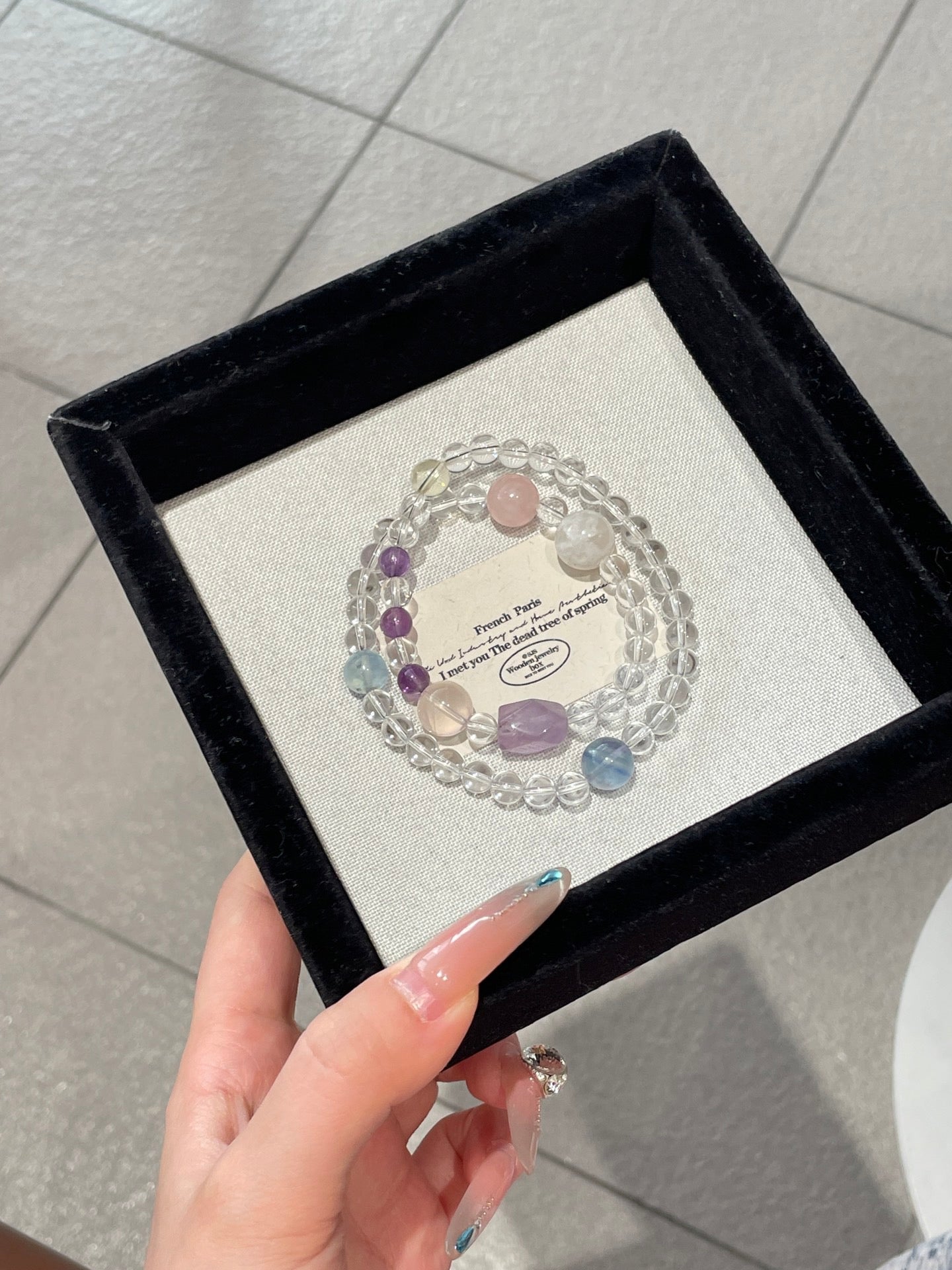 Snow Sakura Crystal Bracelet | Amethyst, Fluorite, Rose Quartz & Aquamarine | 6–12mm Beads