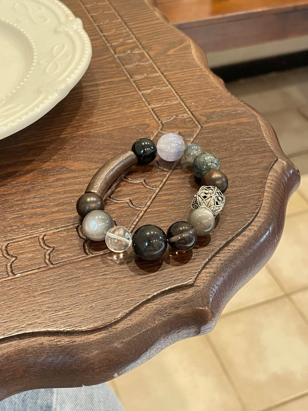 Moonlit Woods Crystal Bracelet | Sandalwood, Moonstone, Black Rutilated Quartz, Obsidian, Fluorite & Clear Quartz | 8–14mm