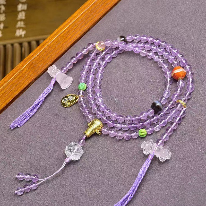 108-Bead Amethyst Tibetan Multi-Layer Bracelet | White Crystal & Turquoise Accents