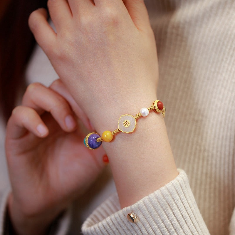 Luxury Multi-Gemstone Woven Bracelet | Jade, Amber, Pearl & Opal with 925 Silver Charms – Perfect Gift