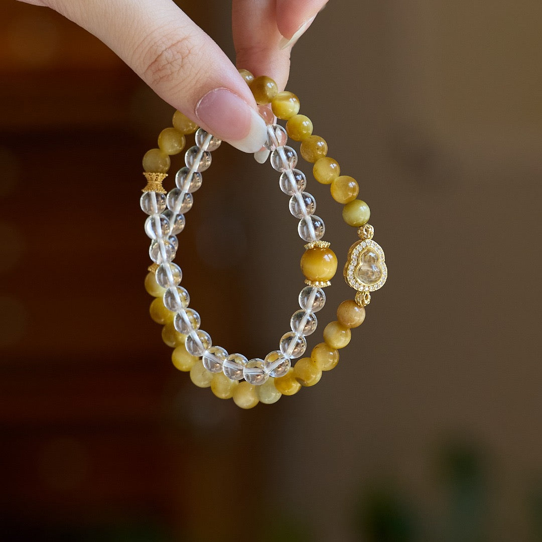 6mm White Crystal & Tiger Eye Double-Layer Bracelet | Gourd or Faceted Citrine Design