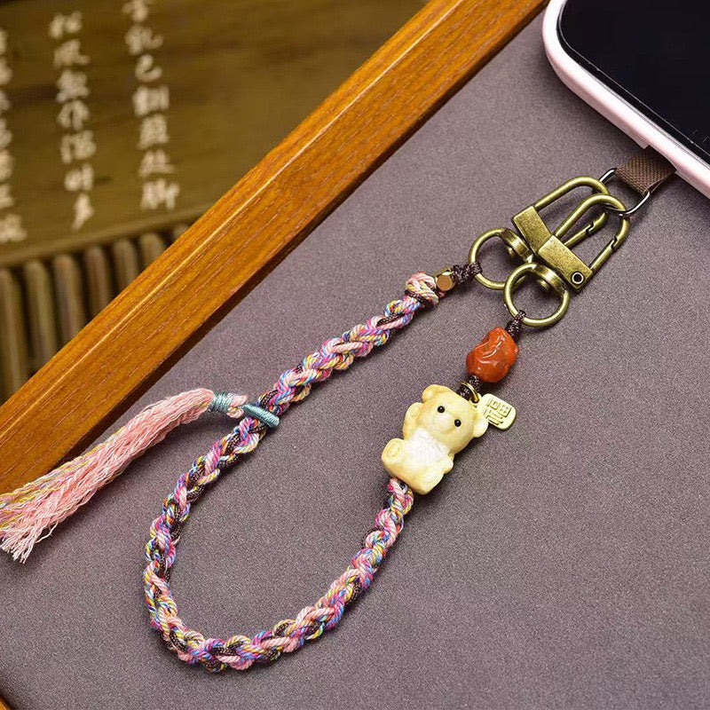 Handmade Woven Phone Charm | Turquoise, Cinnabar, Agate & Dzi Bead with Buddha and Bear Pendant