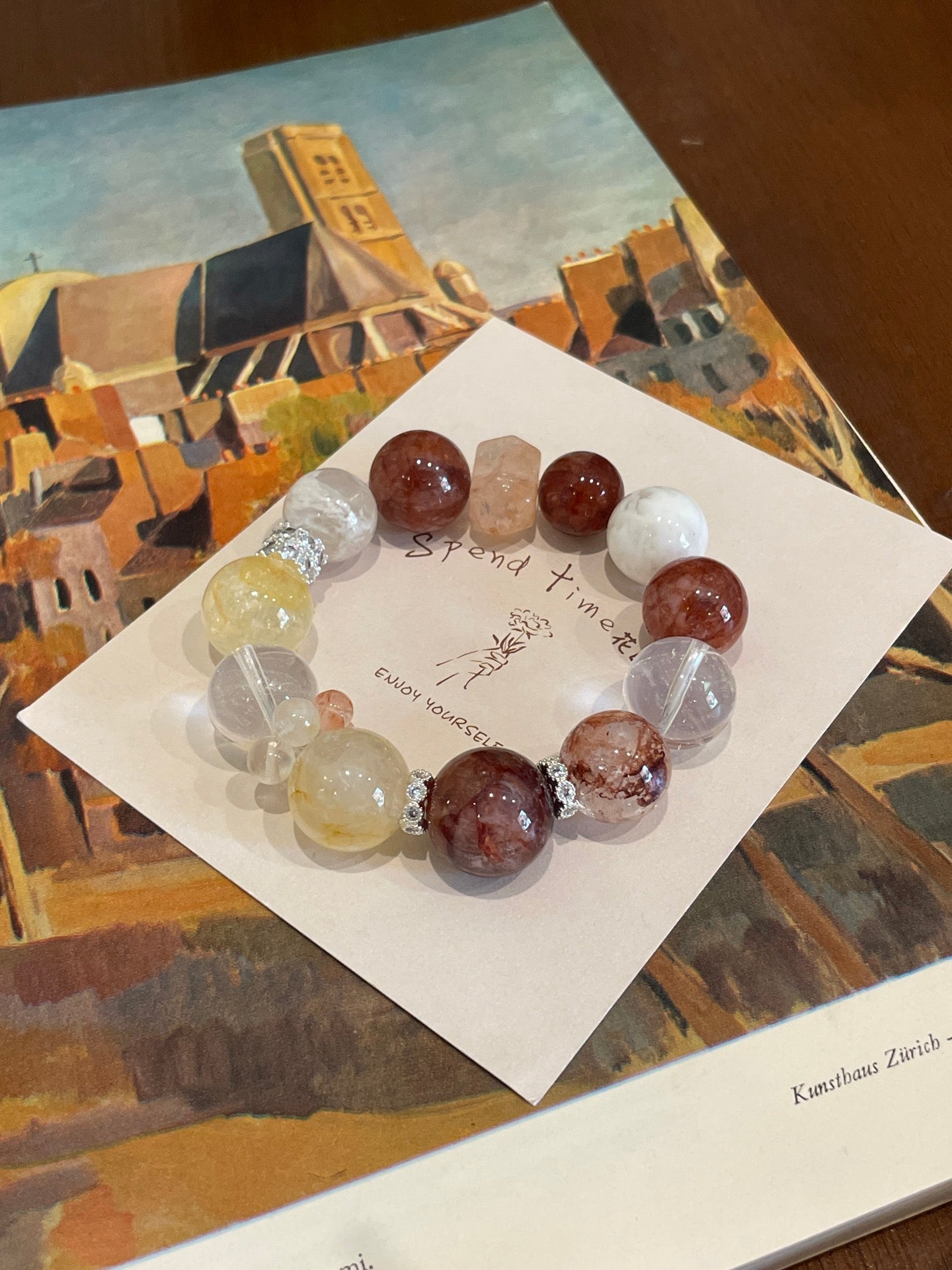 Sunset Glow Crystal Bracelet | Red & Yellow Agate Flower, Clear Quartz & Snow Phantom | 13–16mm