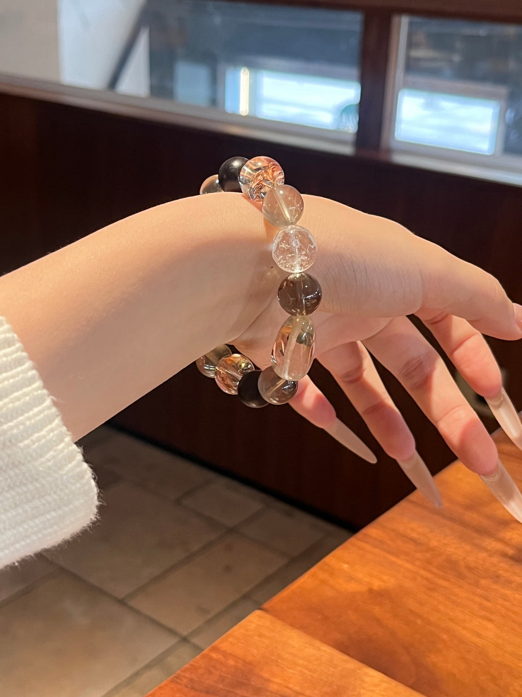 Smoky Quartz, Agarwood, Clear Quartz & Gold-Foil Resin Flower Crystal Bracelet | 12–13mm