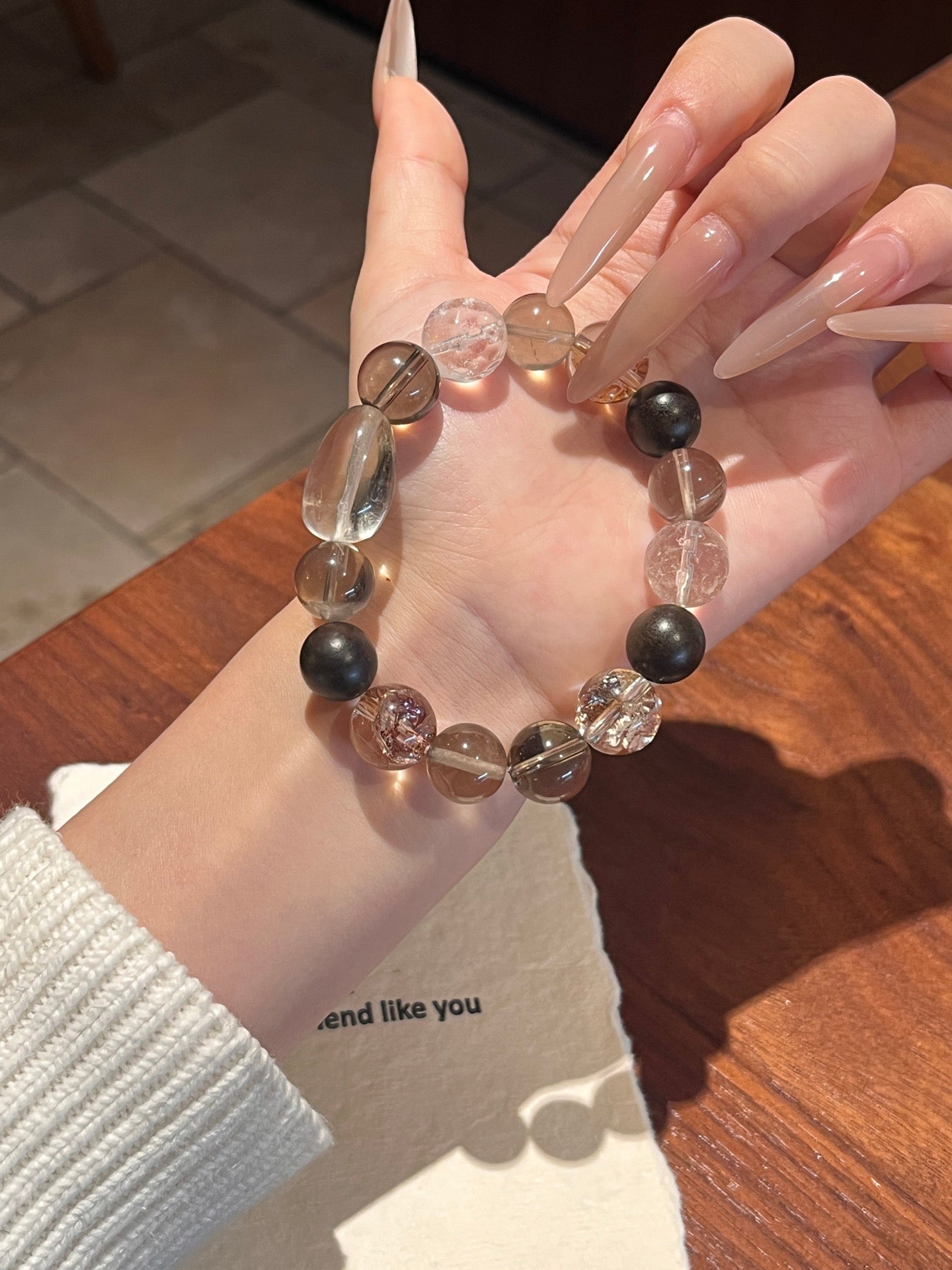 Smoky Quartz, Agarwood, Clear Quartz & Gold-Foil Resin Flower Crystal Bracelet | 12–13mm