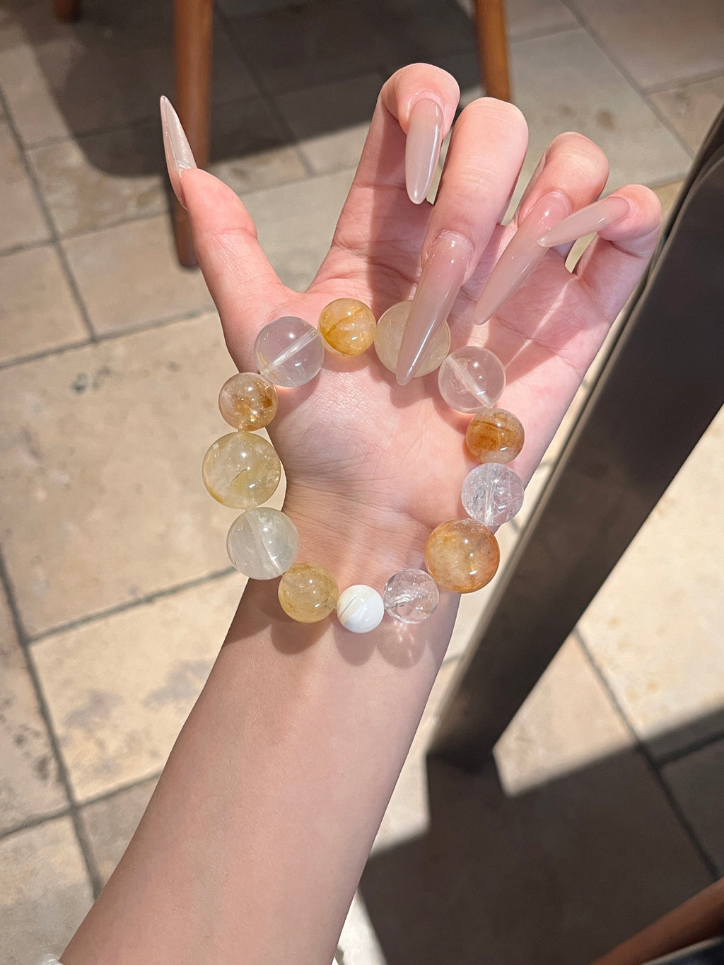 Autumn Vibe Crystal Bracelet | Golden Resin Flower, White Phantom, White Agate, Yellow Tower Quartz, Clear Quartz & White Shell Pearl | 10–18mm