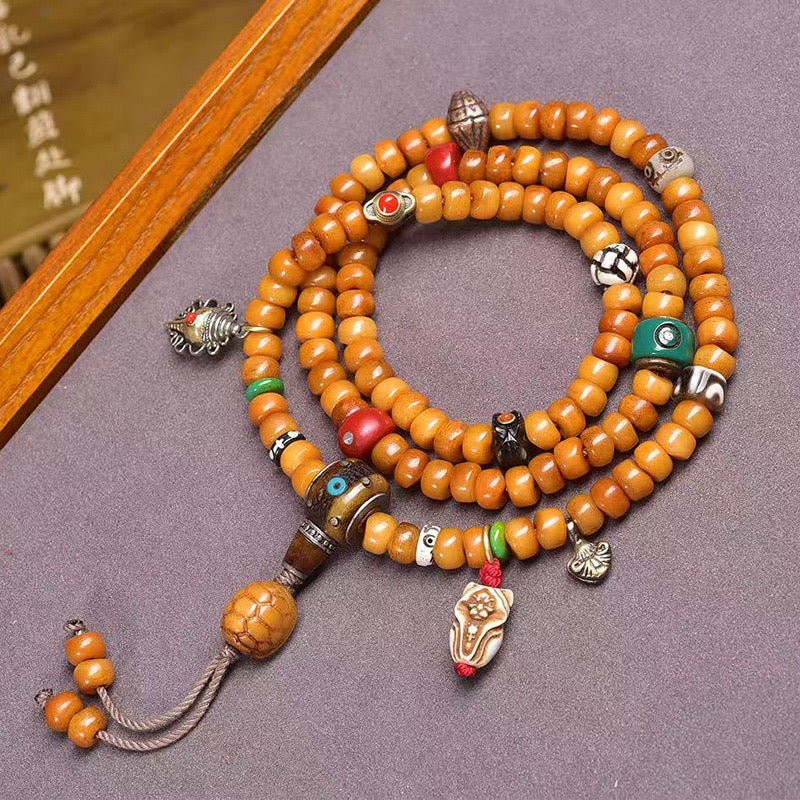 108 Tibetan Recycled Bone Mala Beads – Vintage Barrel Prayer Necklace with Tsa-Tsa & Gau Box Pendant