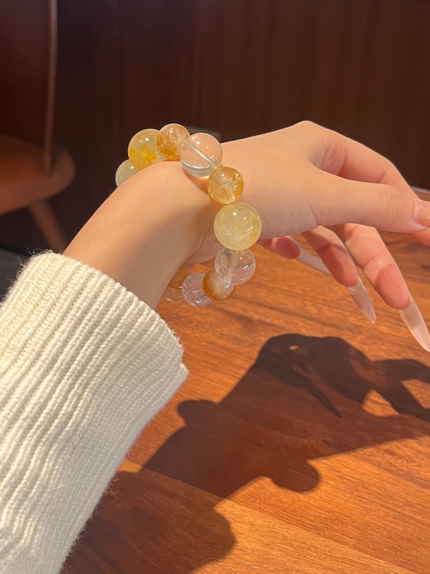 Autumn Vibe Crystal Bracelet | Golden Resin Flower, White Phantom, White Agate, Yellow Tower Quartz, Clear Quartz & White Shell Pearl | 10–18mm