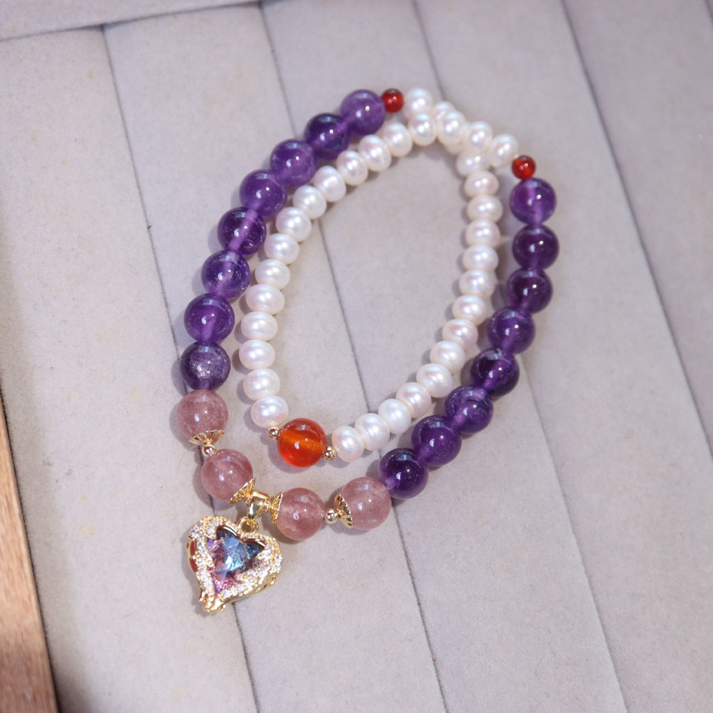 Pearl & Amethyst Double-Layer Bracelet with Ocean Star Pendant | 8mm Beads