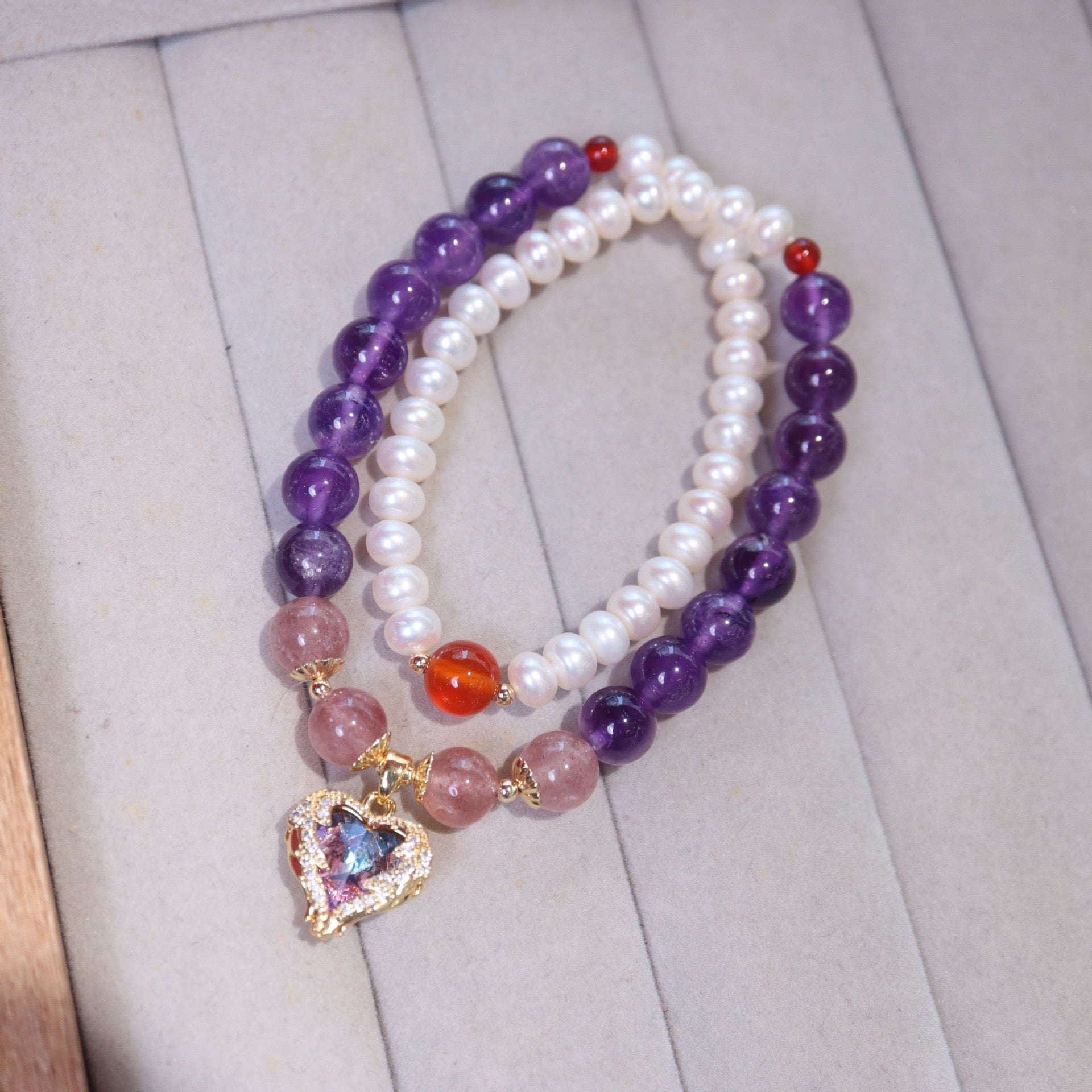 Pearl & Amethyst Double-Layer Bracelet with Ocean Star Pendant | 8mm Beads