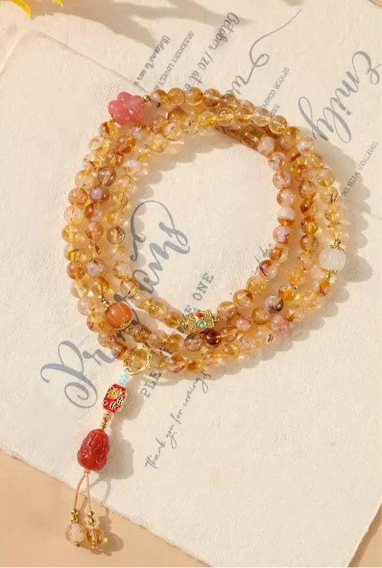 Citrine Multi-Layer Bracelet with Agate Pixiu & Plum Blossom Design