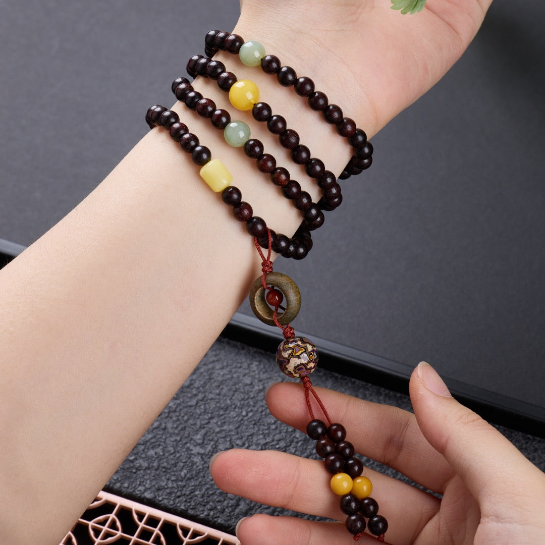 小叶紫檀6mm念珠108颗搭配蜜蜡| Pterocarpus santalinus 6mm 108-bead designed Buddhist prayer beads