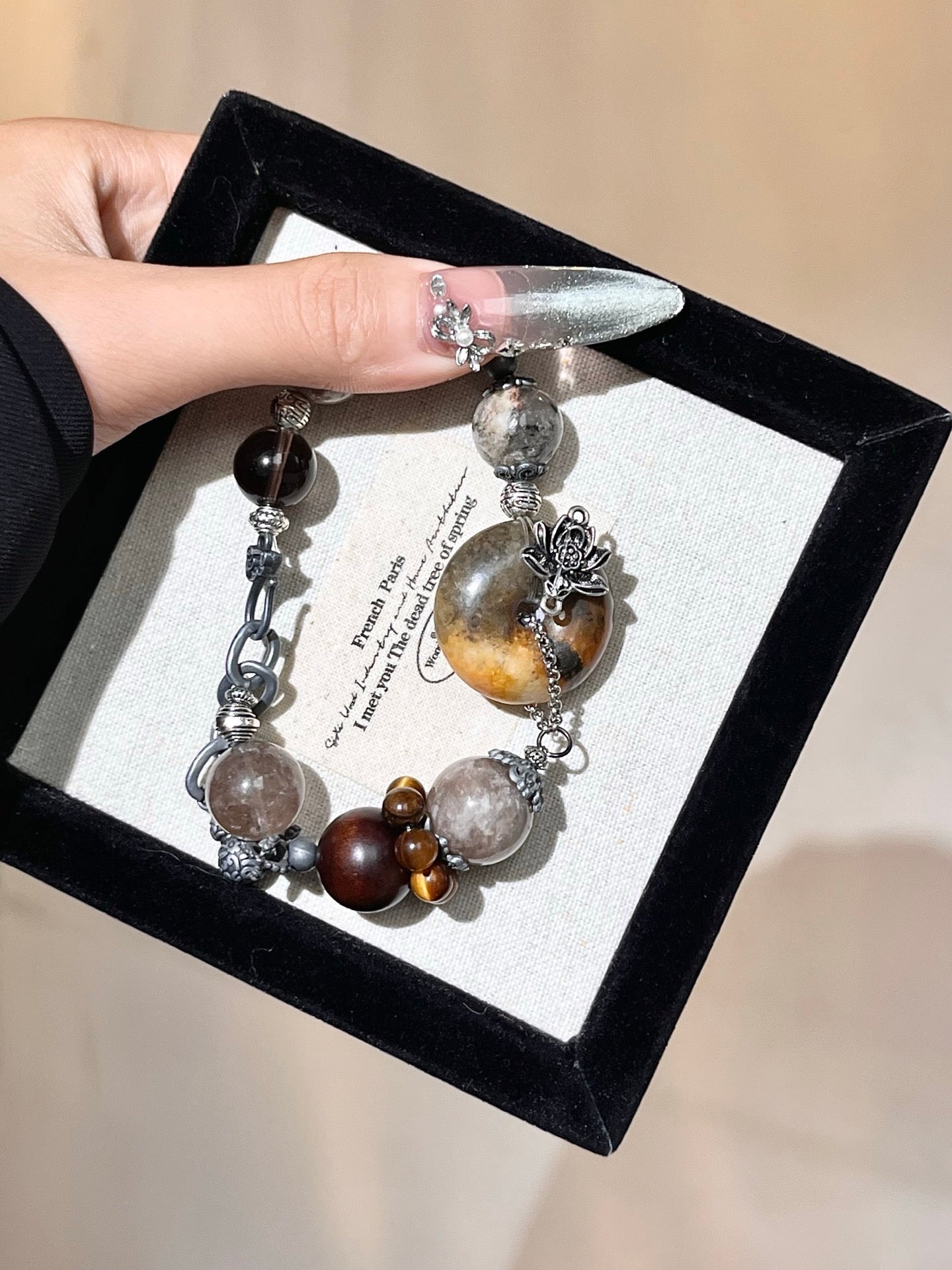 “Blooming Nature” Gemstone Bracelet | Xiuyan Jade, Phantom Quartz, Rutilated Quartz, Smoky Quartz & Tiger’s Eye (12–14mm)