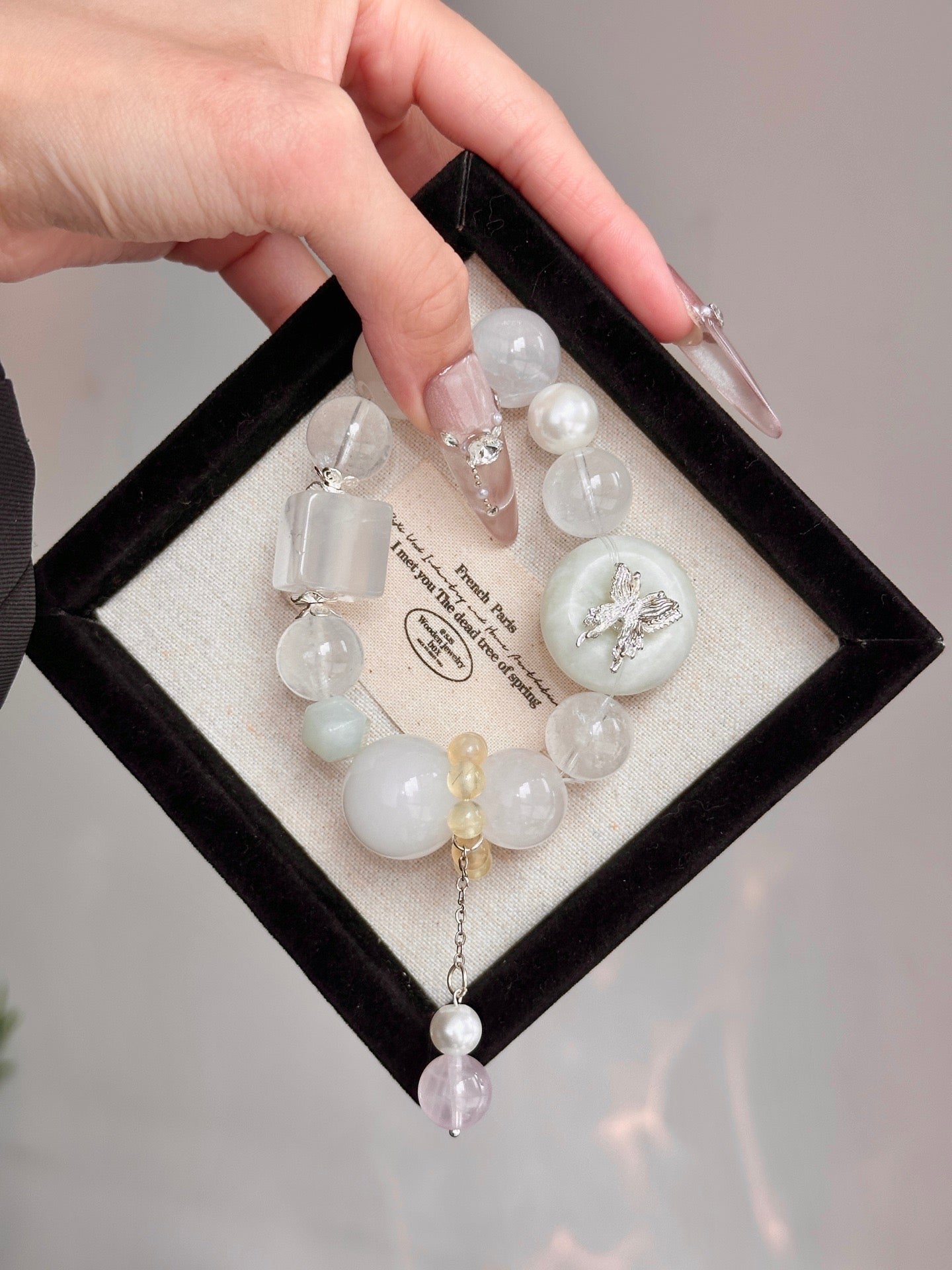 Snow Butterfly – White Crystal, White Phantom & Tianshan Jade Crystal Bracelet