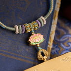 Titanium Frame Gemstone & Mineral Gold-Painted Thangka Necklace with Enamel Lotus (4x5mm, Handmade Cord)