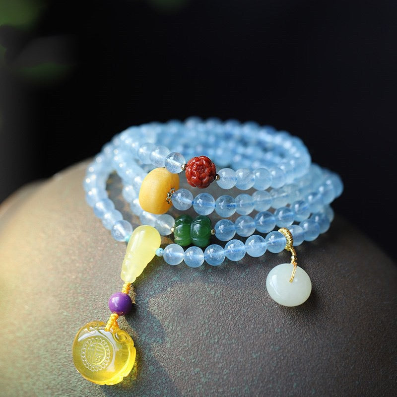Aquamarine 108 Beads Mala Beads Bracelet Necklace | Ice-Clear Gemstone Jewelry Gift