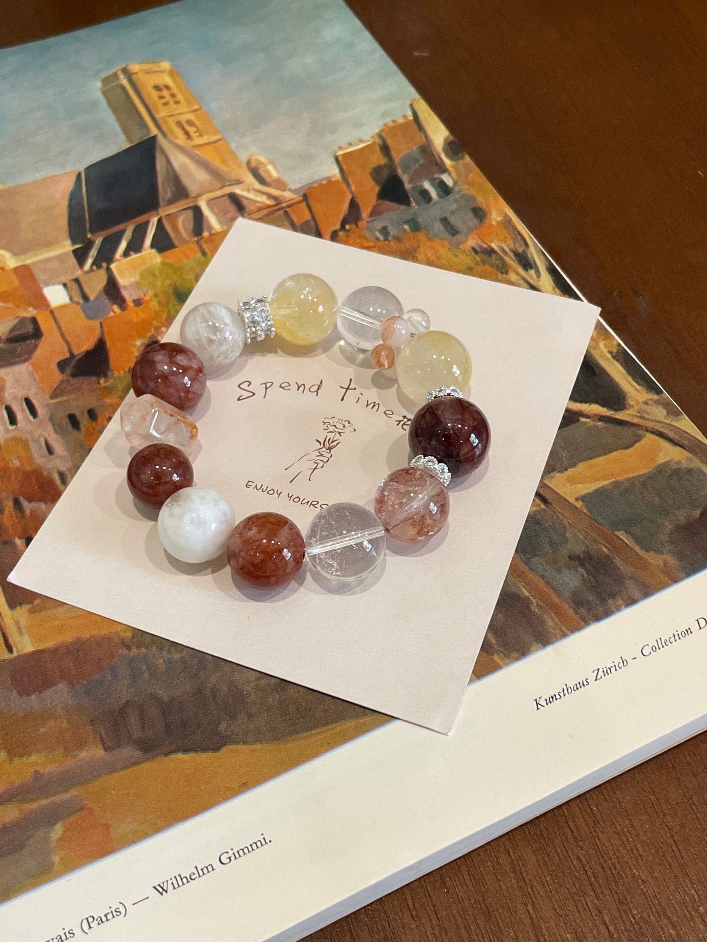 Sunset Glow Crystal Bracelet | Red & Yellow Agate Flower, Clear Quartz & Snow Phantom | 13–16mm