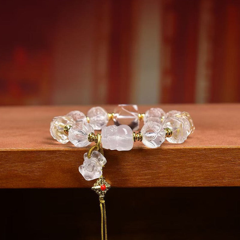 Natural Clear Quartz Bracelet for Women | Carved Beads with Vajra, Lion, Agate & Glass Accents – Multi-Gemstone Prayer Style