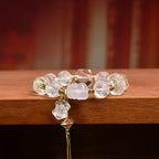Natural Clear Quartz Bracelet for Women | Carved Beads with Vajra, Lion, Agate & Glass Accents – Multi-Gemstone Prayer Style