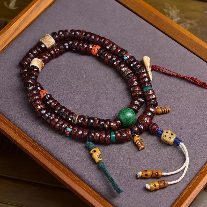 108 Natural Aged Bodhi Seeds Mala – Tibetan Necklace with Glass Beads & Recycled Bone Charms