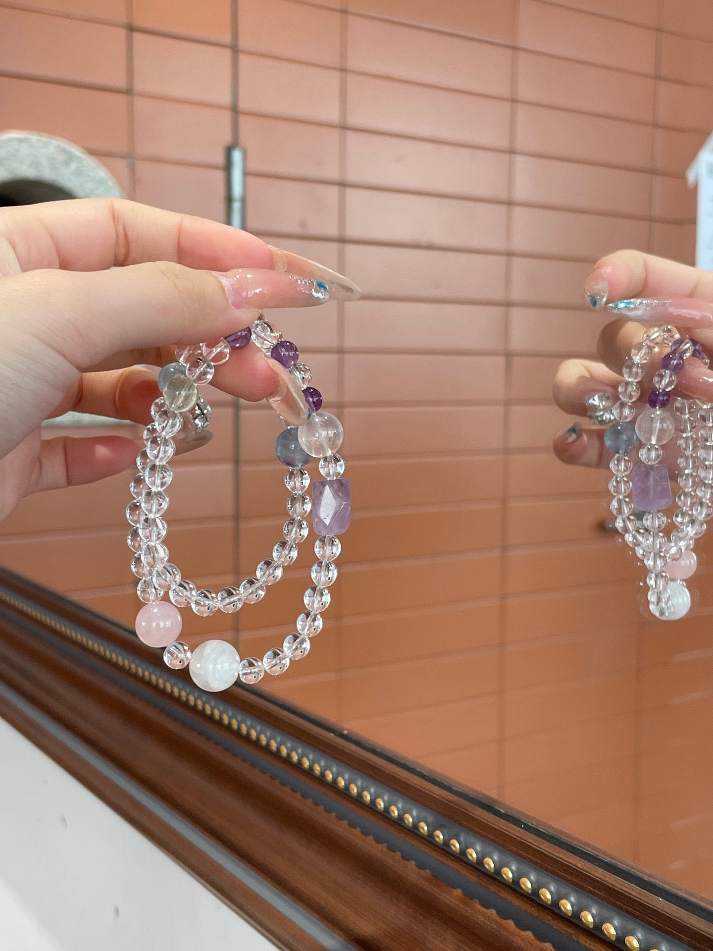 Snow Sakura Crystal Bracelet | Amethyst, Fluorite, Rose Quartz & Aquamarine | 6–12mm Beads