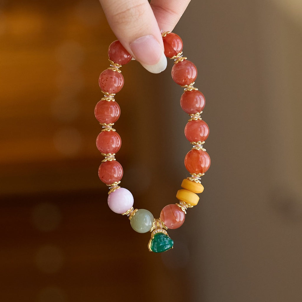 10mm Cherry Red Agate & Green Agate Maitreya Bracelet