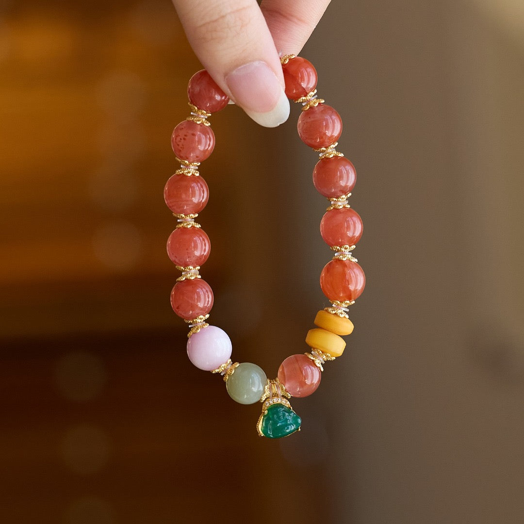 10mm Cherry Red Agate & Green Agate Maitreya Bracelet