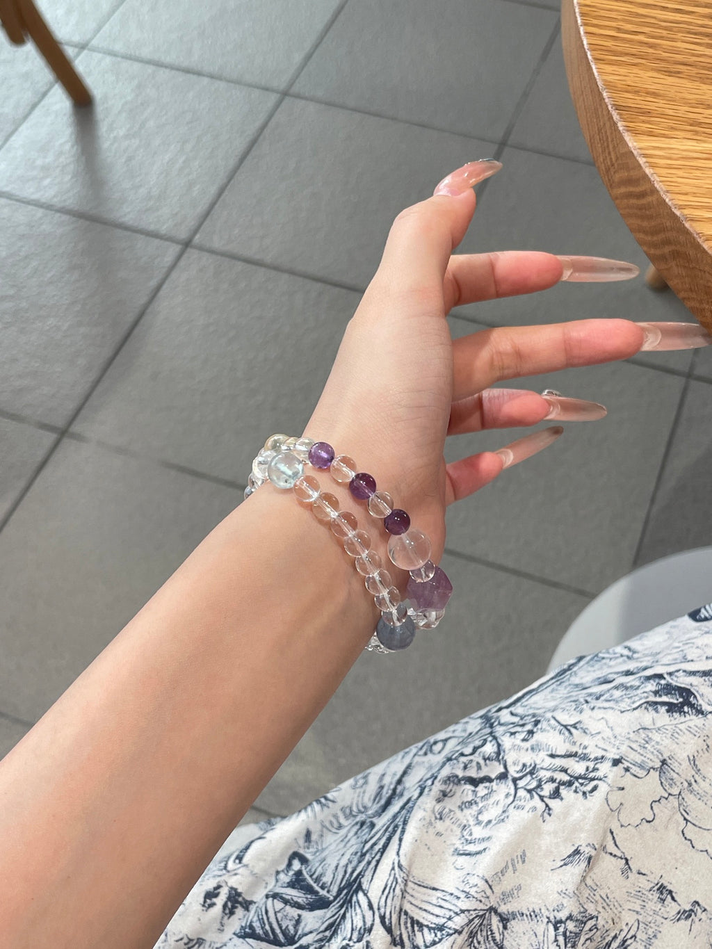 Snow Sakura Crystal Bracelet | Amethyst, Fluorite, Rose Quartz & Aquamarine | 6–12mm Beads