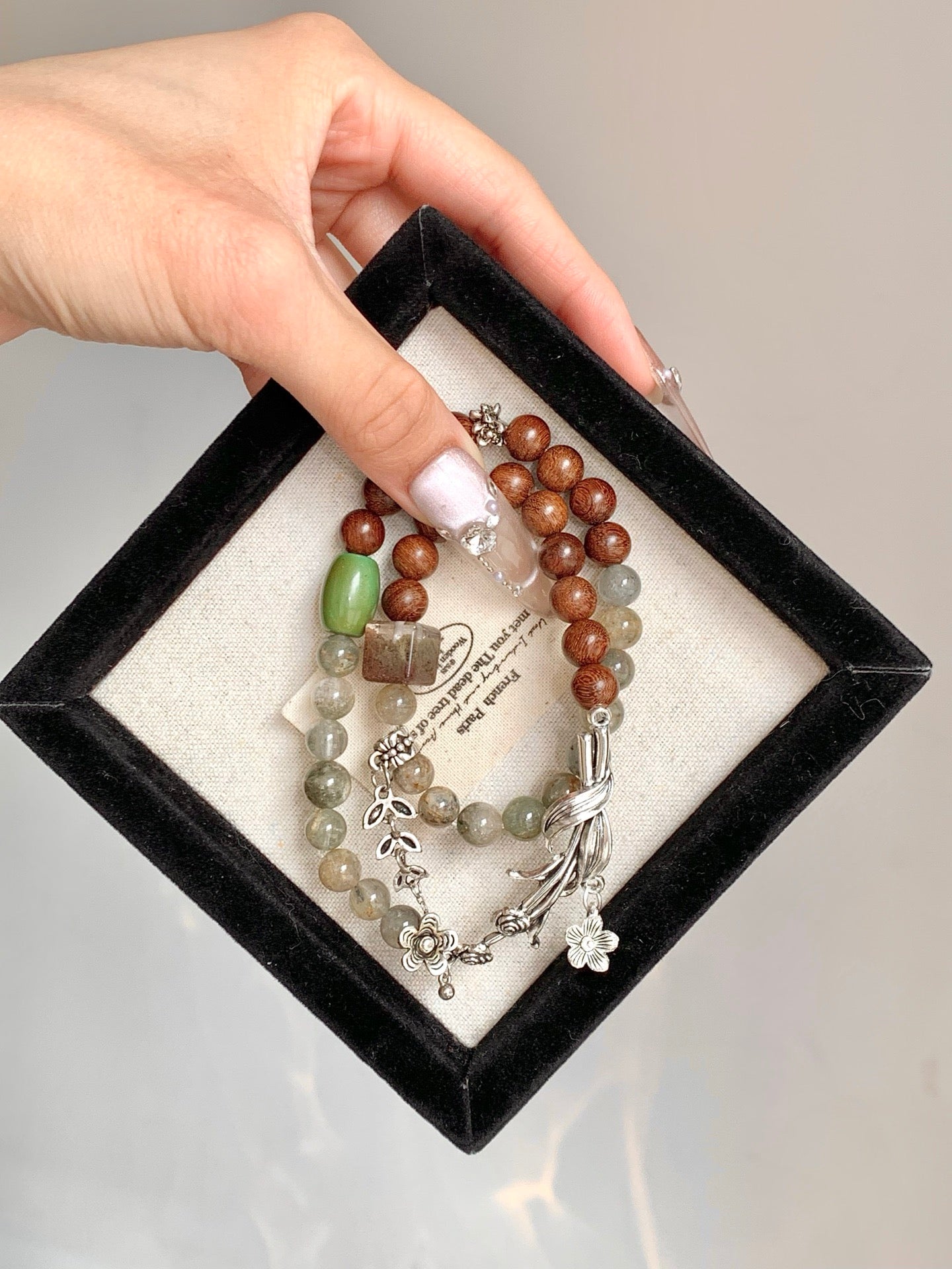 Evergreen – Green Phantom, Sandalwood & Turquoise Crystal Double Bracelet