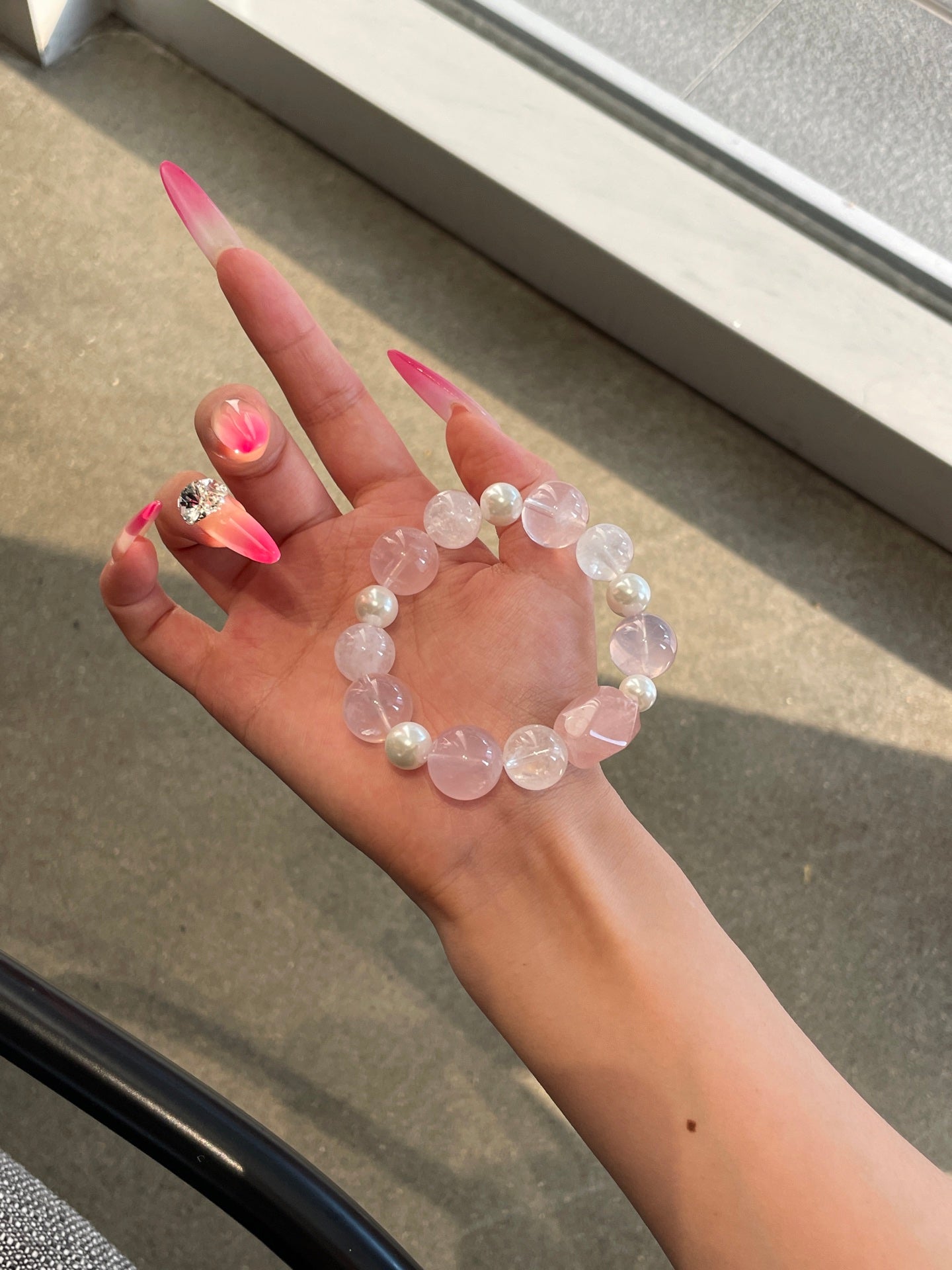 「Pink Ballet」 Crystal Bracelet | Rose Quartz, Mother of Pearl & White Phantom | 8–15mm