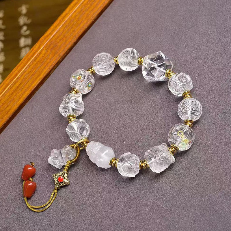 Natural Clear Quartz Bracelet for Women | Carved Beads with Vajra, Lion, Agate & Glass Accents – Multi-Gemstone Prayer Style