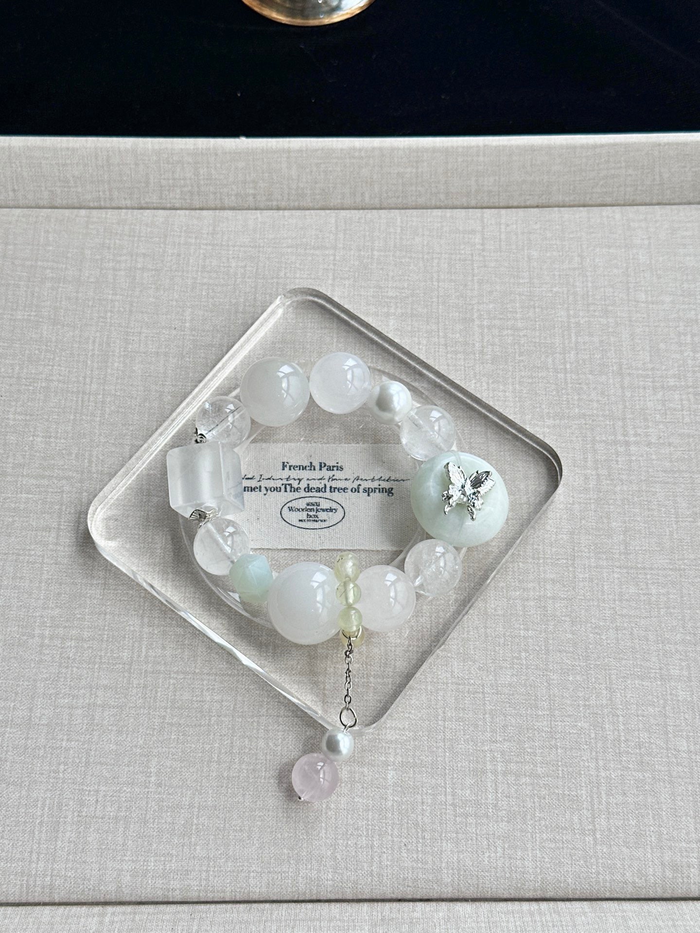 Snow Butterfly – White Crystal, White Phantom & Tianshan Jade Crystal Bracelet