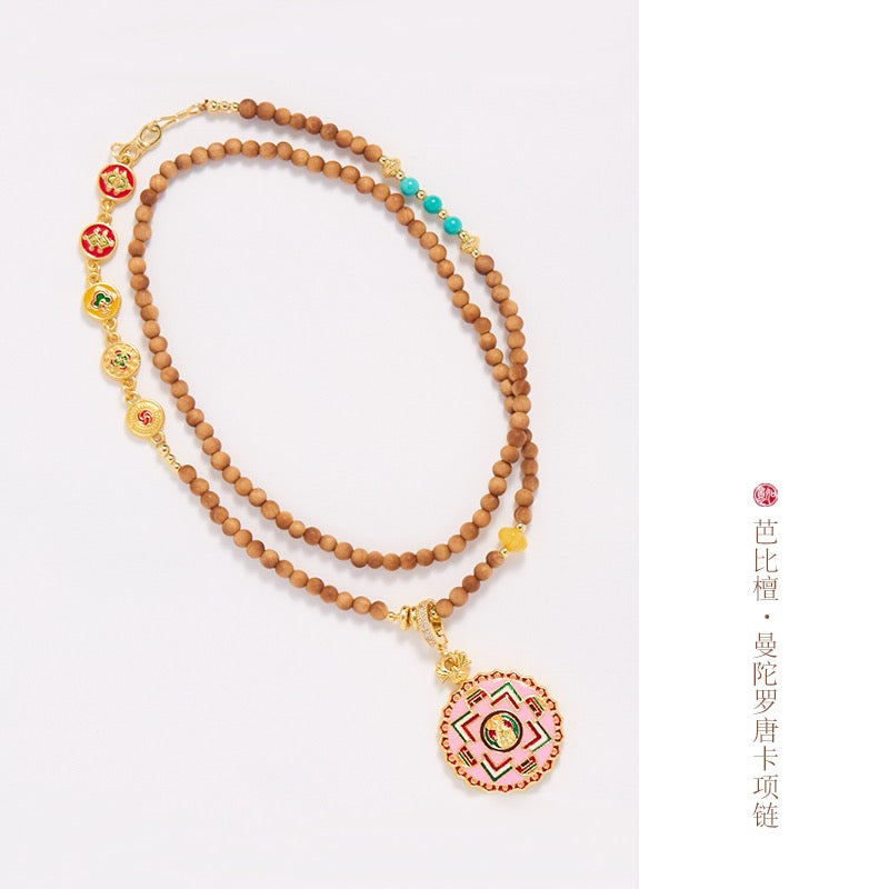 Handcrafted Sandalwood & Hetian Jade Mandala Necklace | Spiritual Thangka-Inspired Design