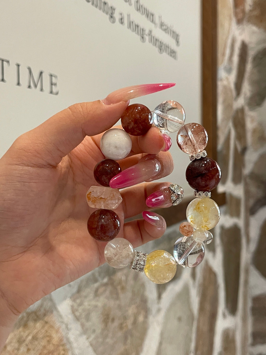 Sunset Glow Crystal Bracelet | Red & Yellow Agate Flower, Clear Quartz & Snow Phantom | 13–16mm