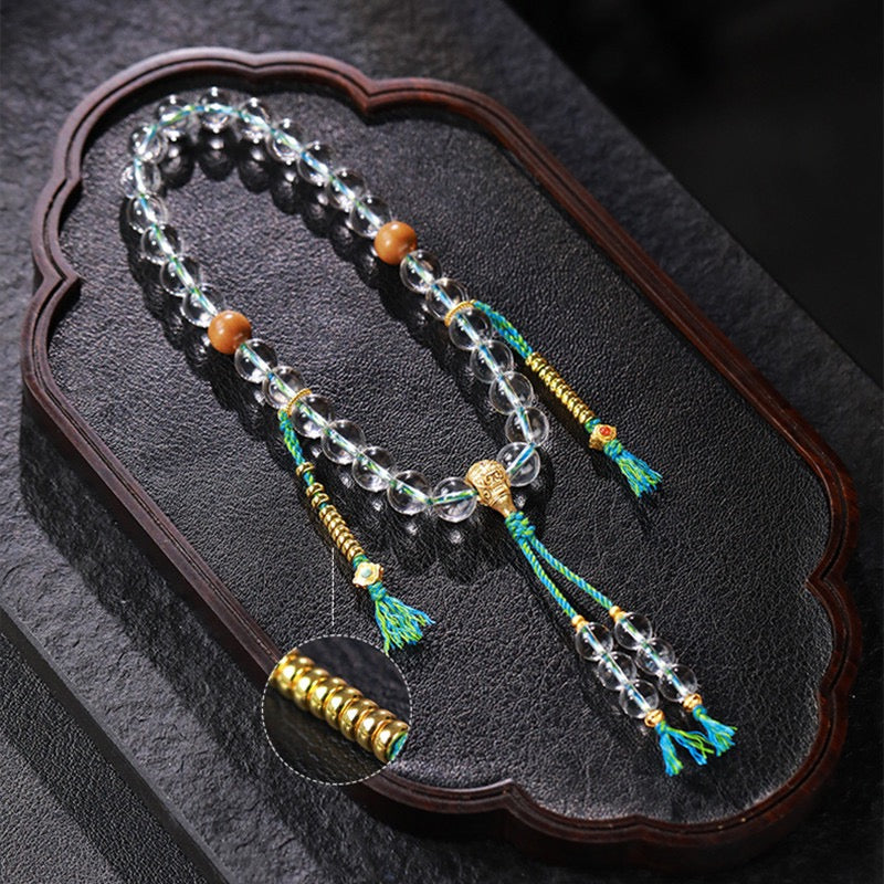 Natural Brazilian Clear Quartz 10 mm Beaded Bracelet | New-Chinese Style Prayer Mala, Handheld Buddhist Strand